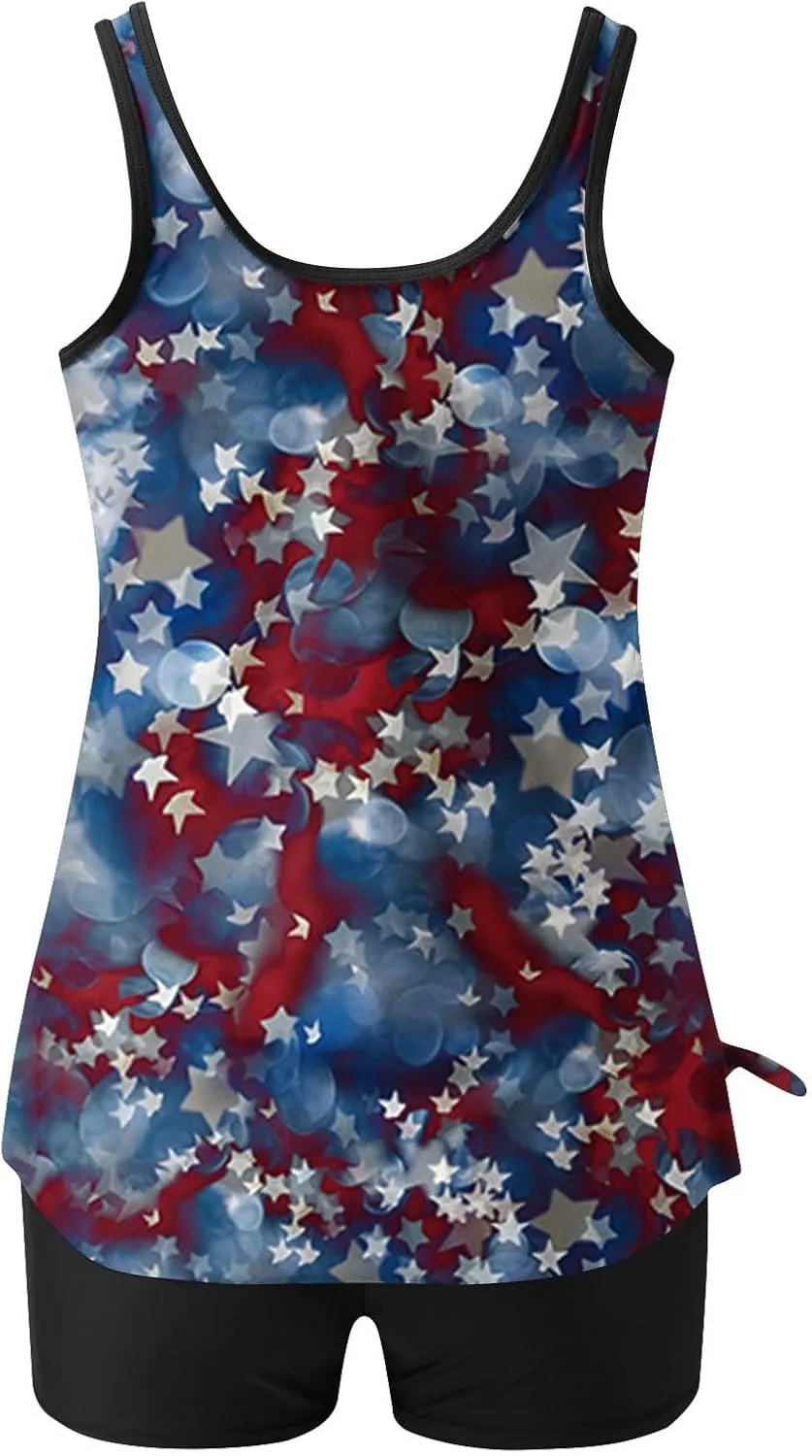 2 Piece Tankini Bathing Suits for Women Vintage 4th of July Swimsuits American Flag Tank Top and Boyshorts Vacation Swimwear