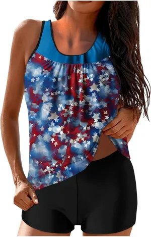 2 Piece Tankini Bathing Suits for Women Vintage 4th of July Swimsuits American Flag Tank Top and Boyshorts Vacation Swimwear