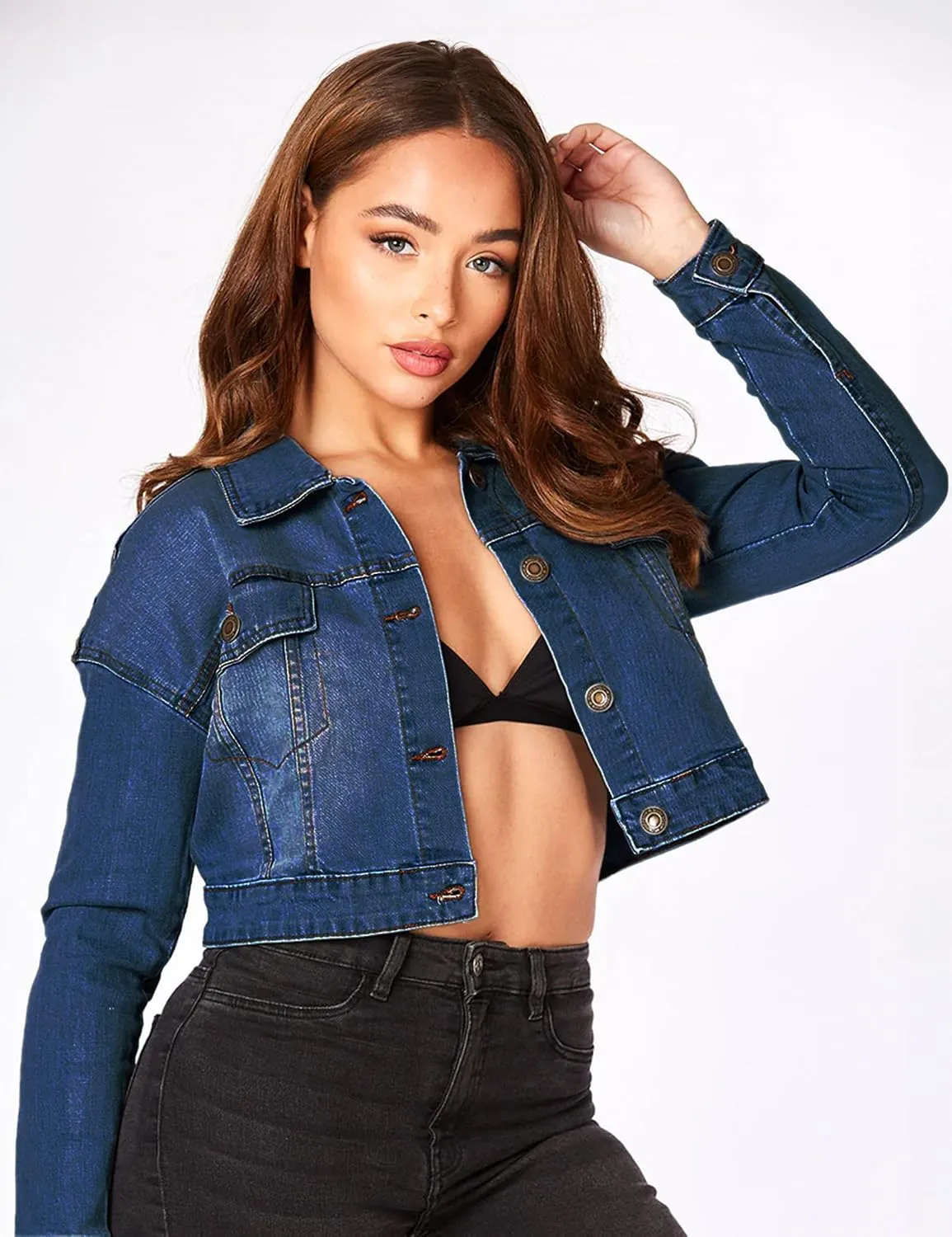 2025 Cropped Denim Jacket for Women Stretchy Fitted with 2 Pockets  Lightweight Trendy Short Jean Shacket