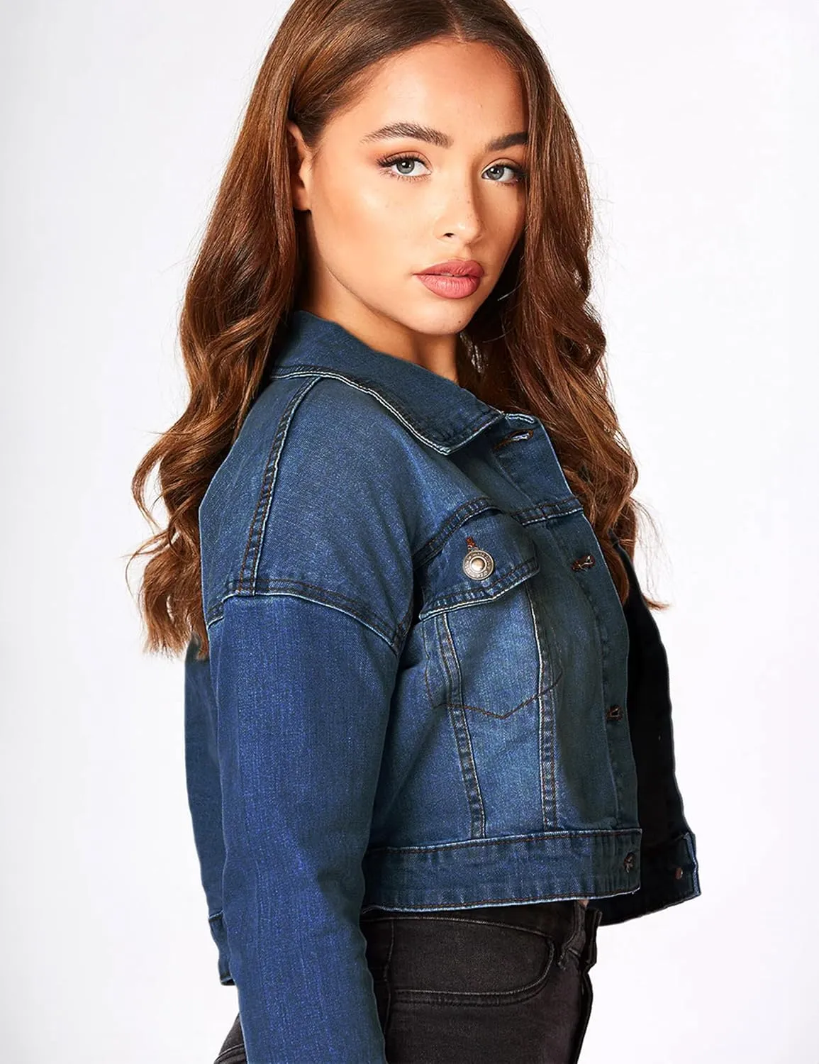 2025 Cropped Denim Jacket for Women Stretchy Fitted with 2 Pockets  Lightweight Trendy Short Jean Shacket