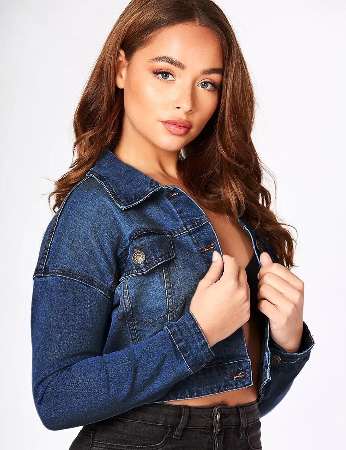 2025 Cropped Denim Jacket for Women Stretchy Fitted with 2 Pockets  Lightweight Trendy Short Jean Shacket