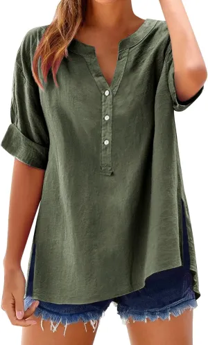 2025 Linen Tops for Women Trendy Short Sleeve V Neck Button Gauze Blouses Side Split Loose Fit Casual Boho Work Shirt
