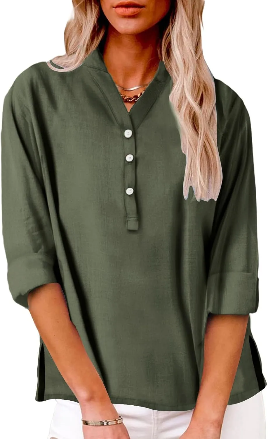 2025 Linen Tops for Women Trendy Short Sleeve V Neck Button Gauze Blouses Side Split Loose Fit Casual Boho Work Shirt