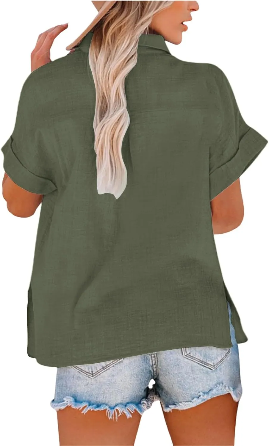 2025 Linen Tops for Women Trendy Short Sleeve V Neck Button Gauze Blouses Side Split Loose Fit Casual Boho Work Shirt