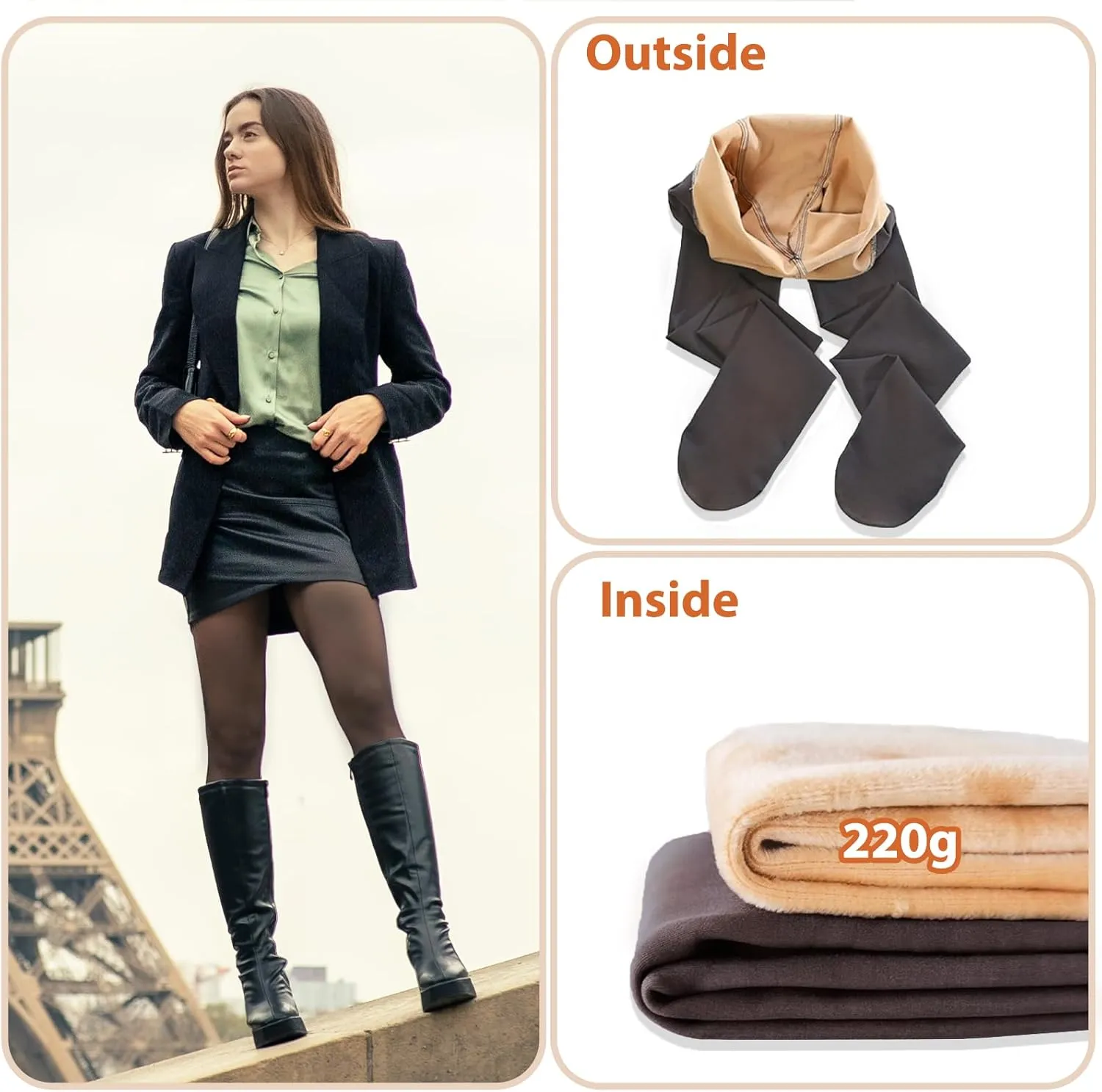 220g More Warmth Black Tights for Women Fleece Lined High Waist Sexy Opaque Thermal Tights Party Stockings