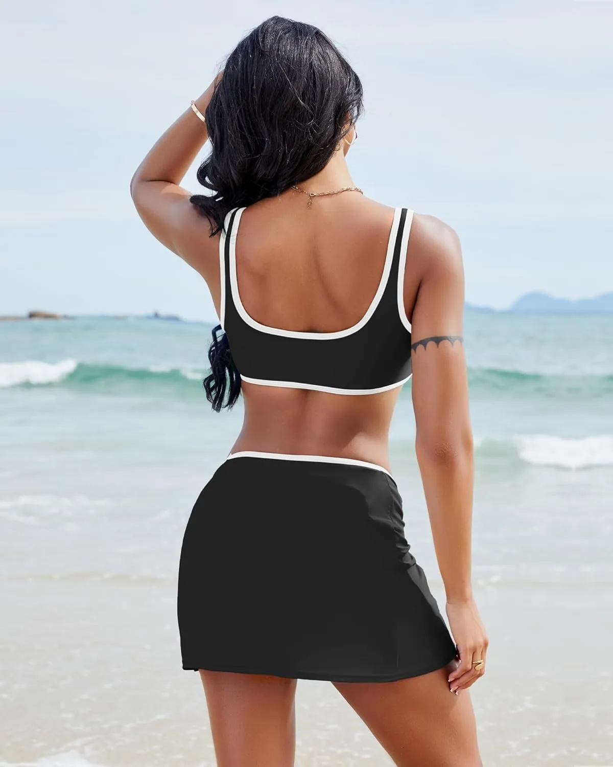 3 Piece Swimsuits for Women Color Block High Waisted Bikini Sets Thong Sexy Bathing Suit Cover Up Skirt