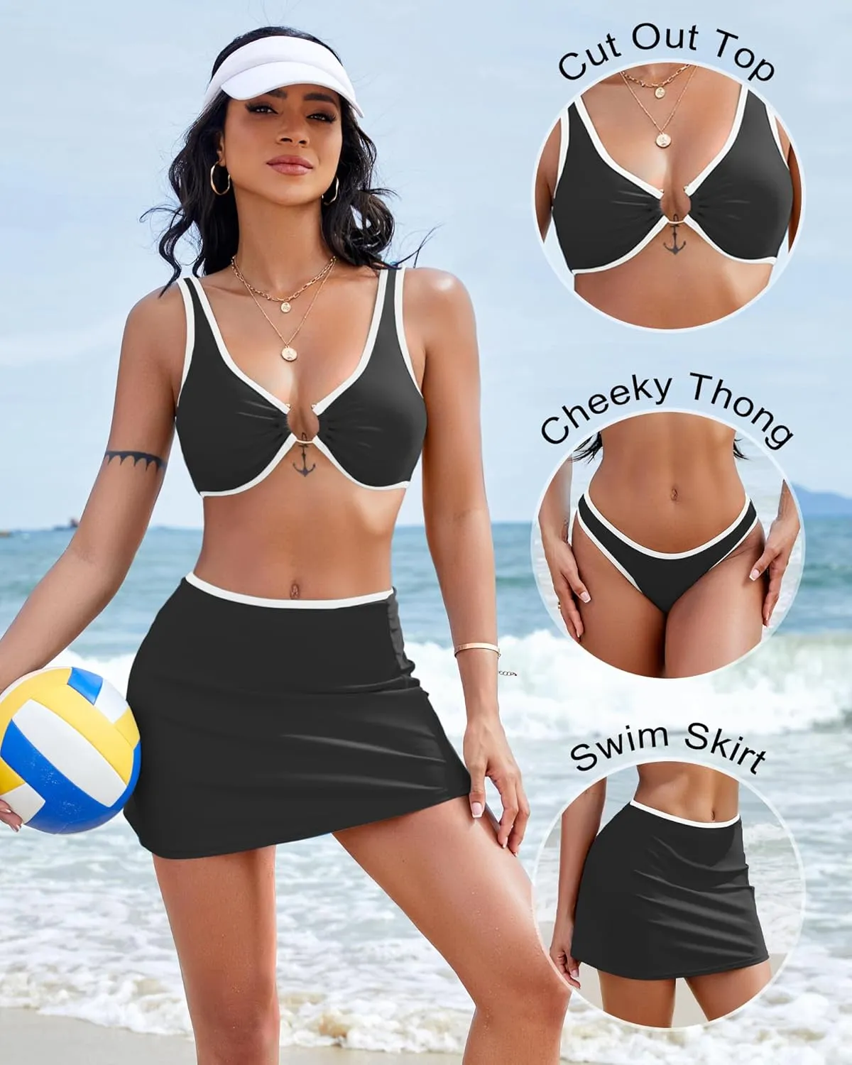 3 Piece Swimsuits for Women Color Block High Waisted Bikini Sets Thong Sexy Bathing Suit Cover Up Skirt