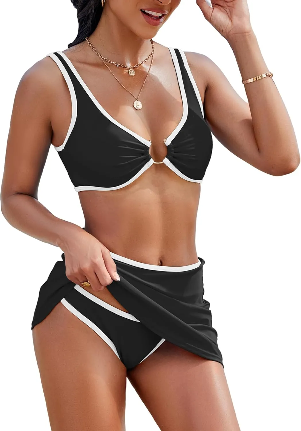 3 Piece Swimsuits for Women Color Block High Waisted Bikini Sets Thong Sexy Bathing Suit Cover Up Skirt