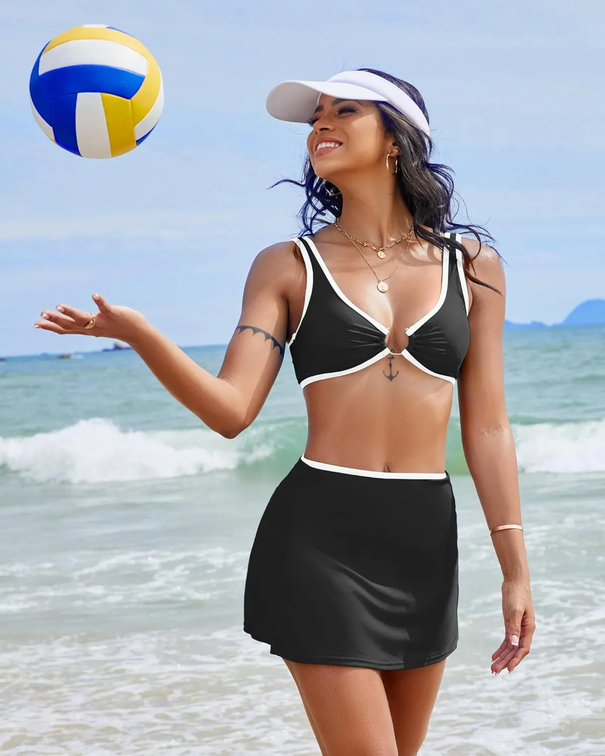 3 Piece Swimsuits for Women Color Block High Waisted Bikini Sets Thong Sexy Bathing Suit Cover Up Skirt