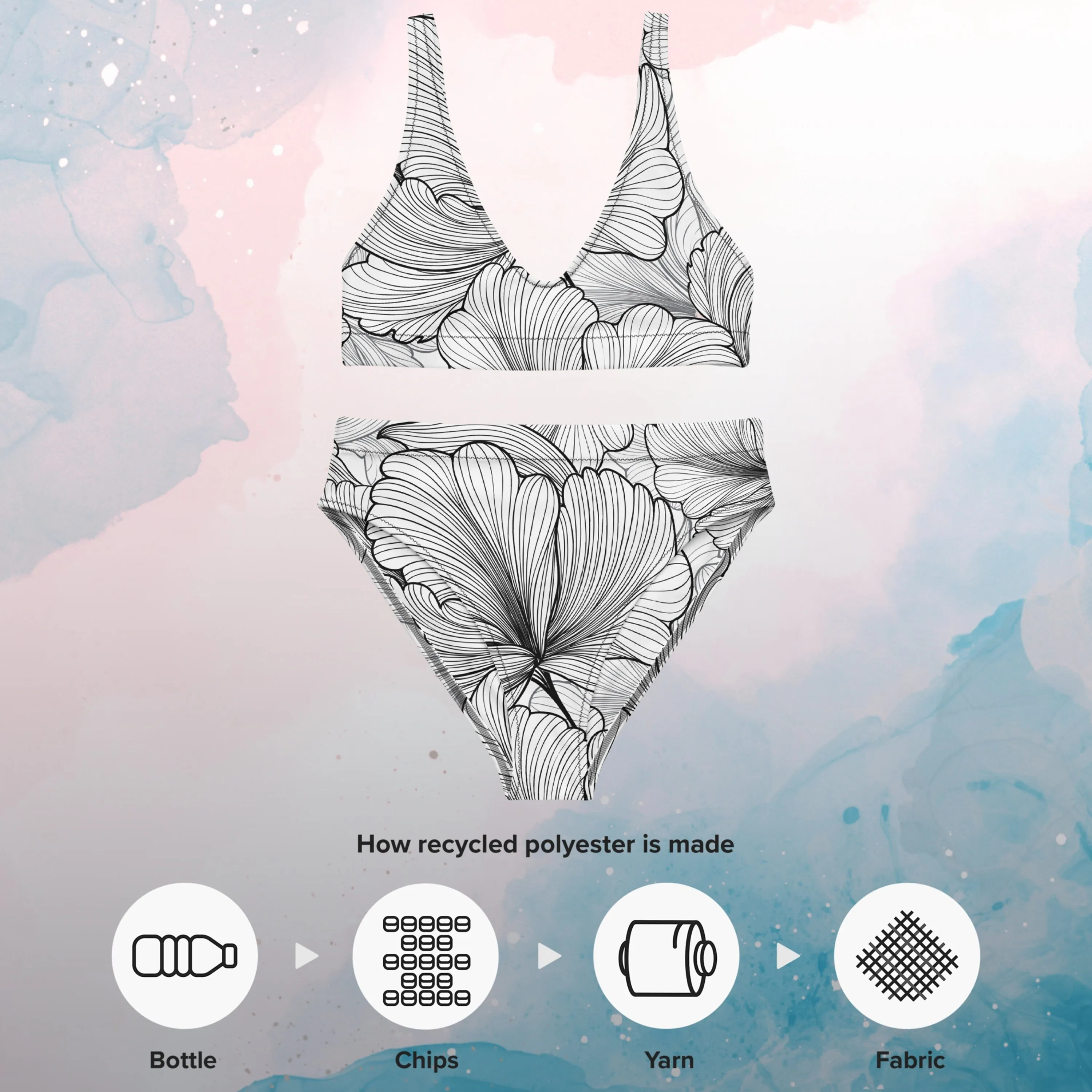 Abstract Lines Floral Pattern Womens Recycled High Waisted Bikini Set