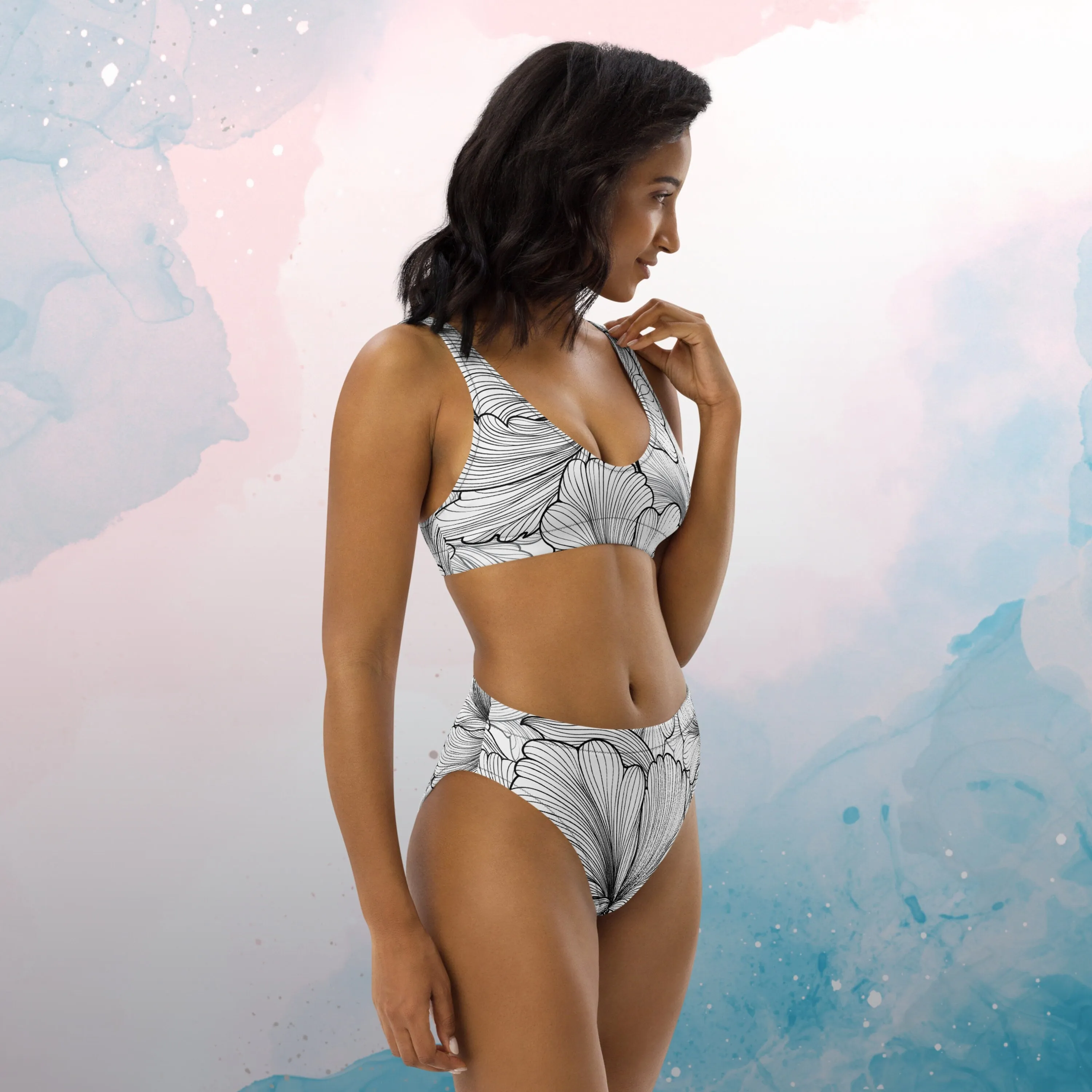 Abstract Lines Floral Pattern Womens Recycled High Waisted Bikini Set