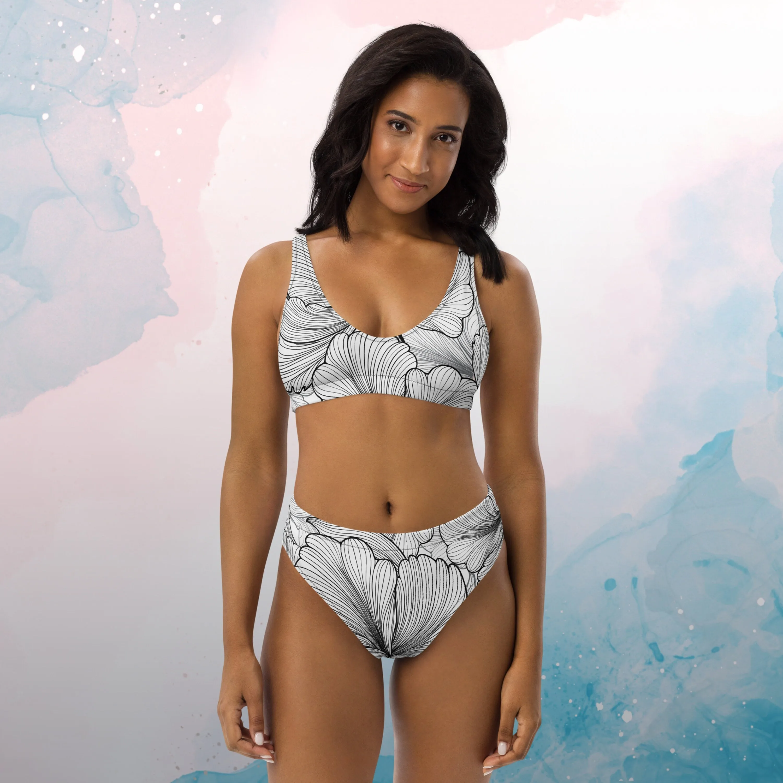 Abstract Lines Floral Pattern Womens Recycled High Waisted Bikini Set