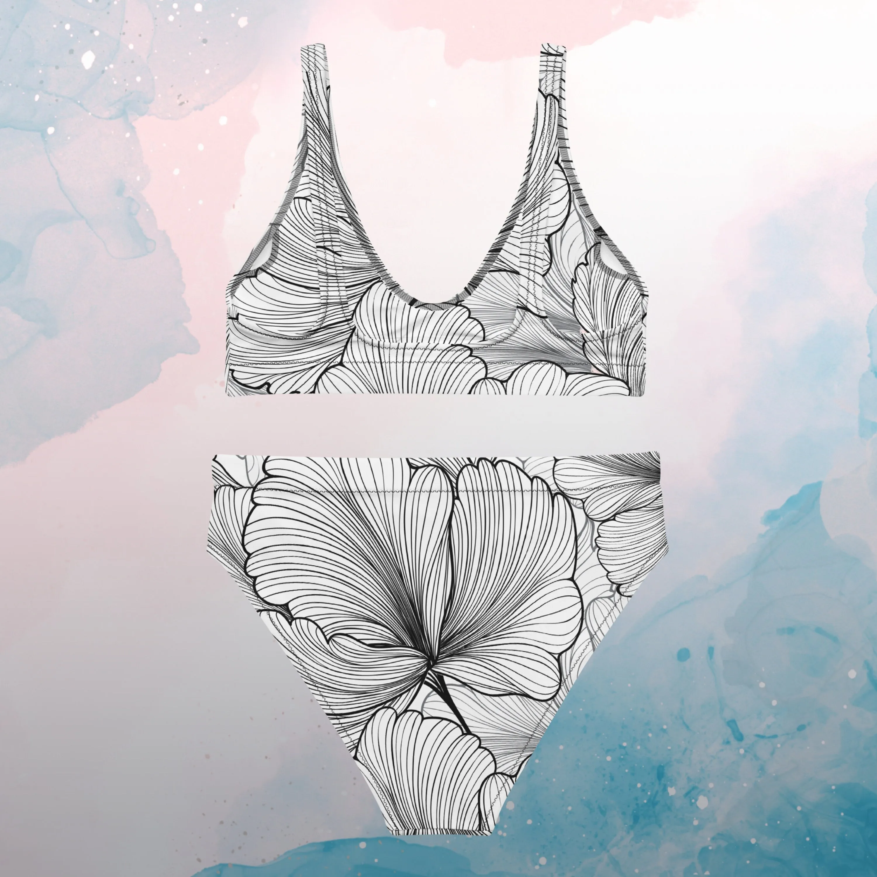 Abstract Lines Floral Pattern Womens Recycled High Waisted Bikini Set