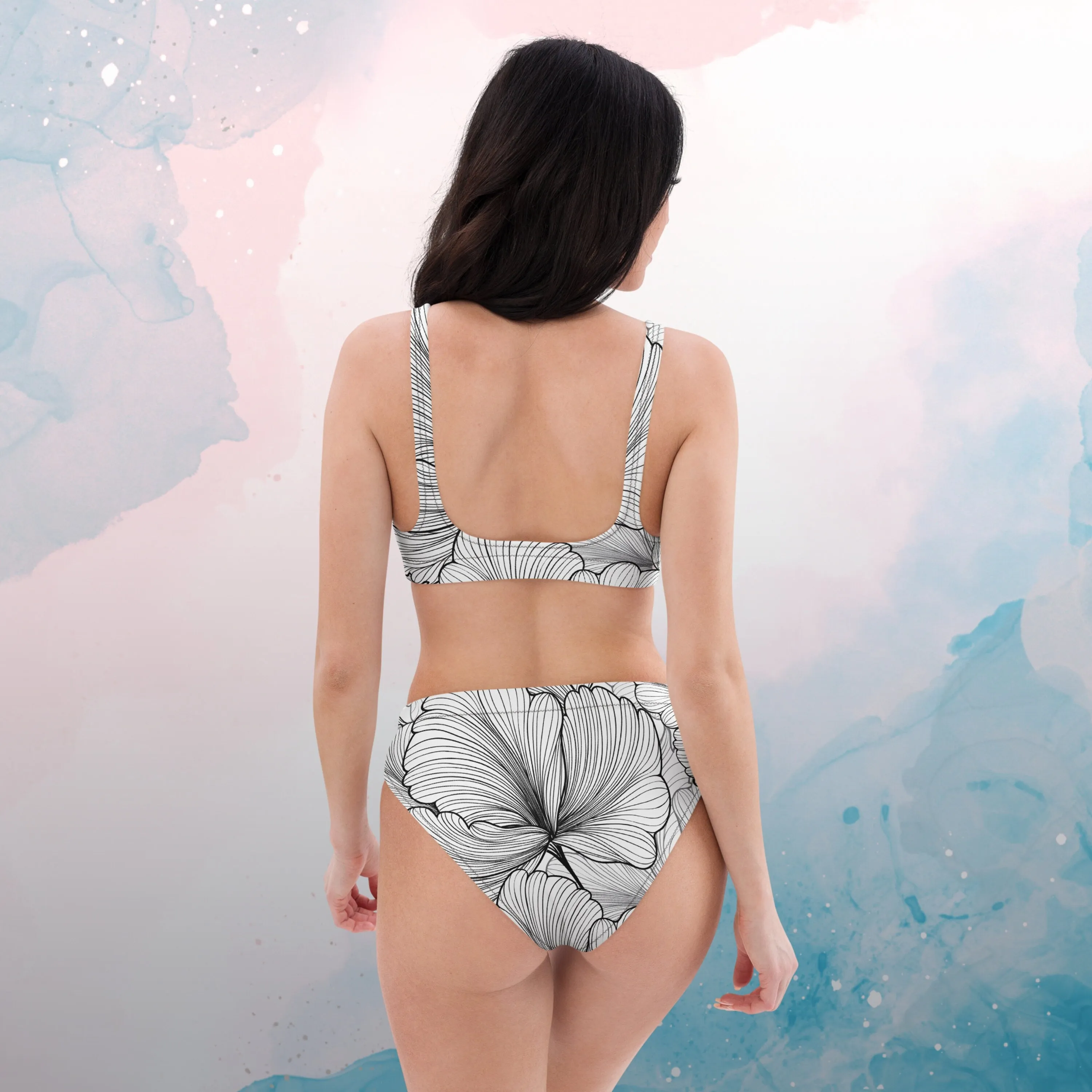Abstract Lines Floral Pattern Womens Recycled High Waisted Bikini Set
