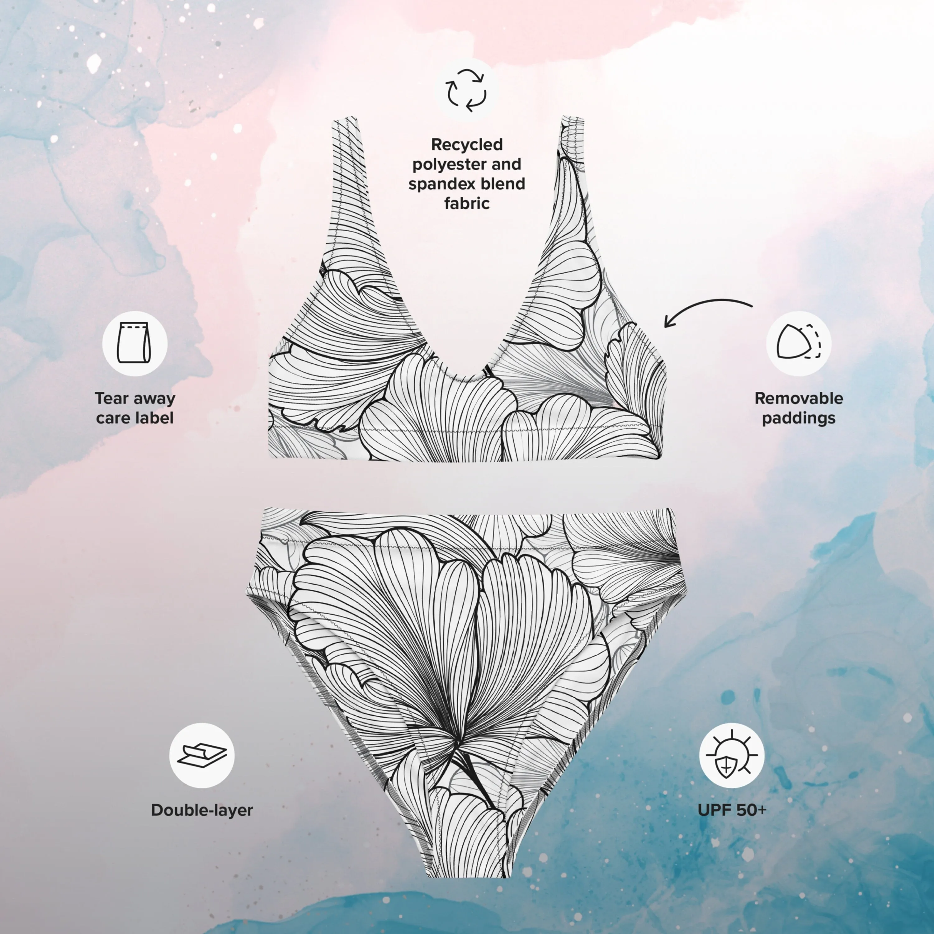 Abstract Lines Floral Pattern Womens Recycled High Waisted Bikini Set