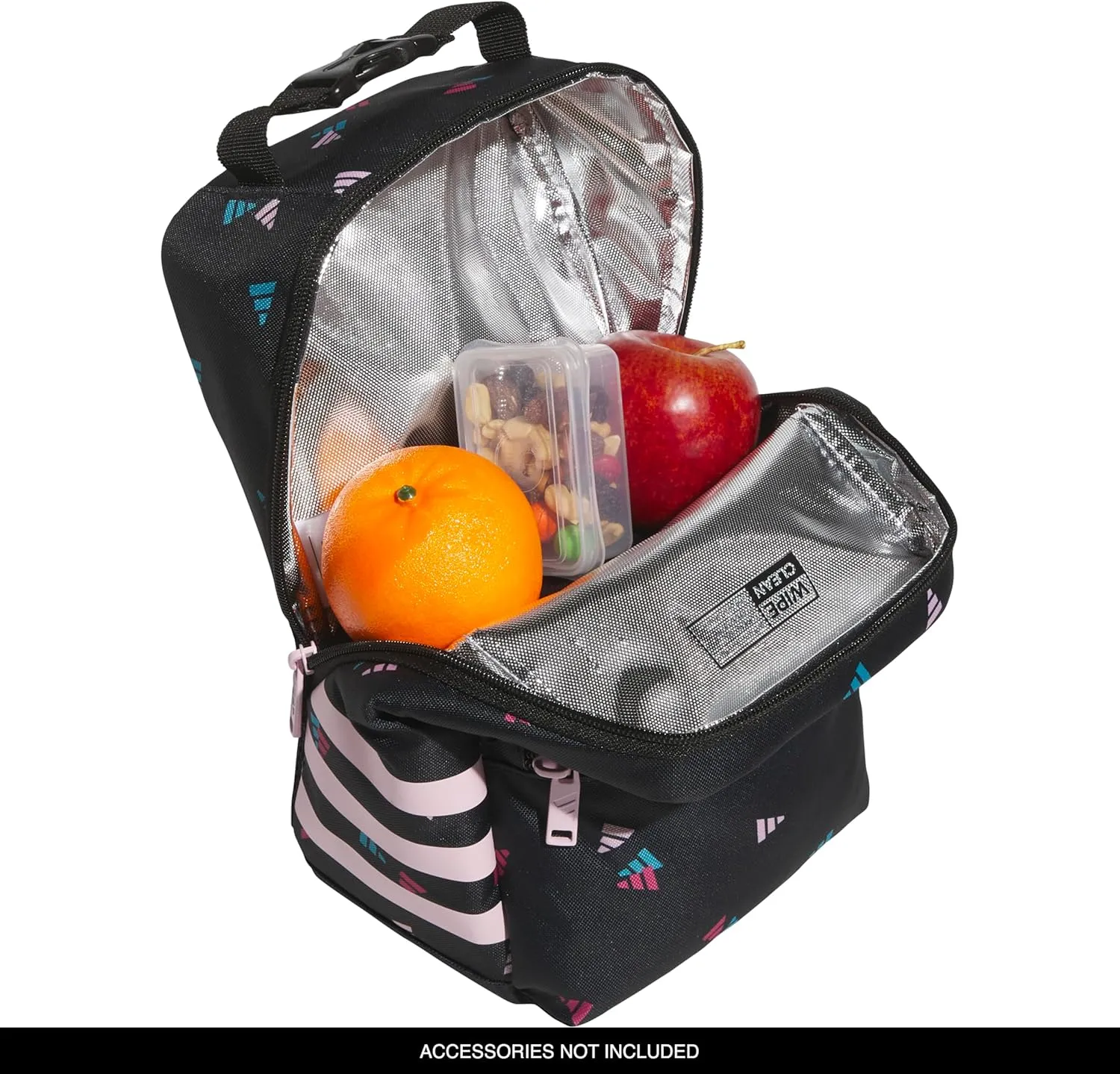 adidas Santiago Lunch Bag Cooler for Women and Men, Insulated Food Container Box with Mesh Pocket, 3 Bar Toss Black-Clear Pink/Black/Clear Pink/3.0, One Size