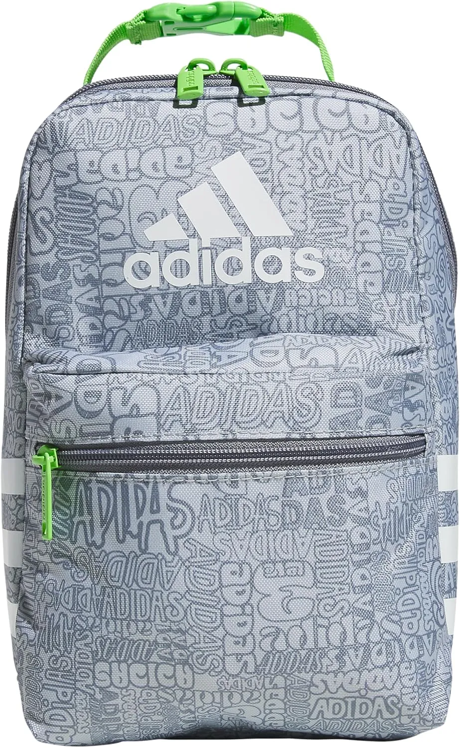 adidas Santiago Lunch Bag Cooler for Women and Men, Insulated Food Container Box with Mesh Pocket, Adi Font Madness Stone Grey/Grey/Lucid Lime Green/3.0, One Size