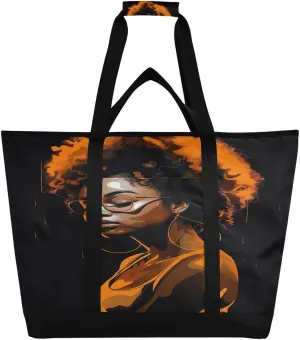 African Woman Beauty Tote Bag for Women with Zipper Reusable Grocery Bags Foldable Insulated Cooler Bag Shopping Bags Handbags Totes for Groceries Travel Beach Picnic Work