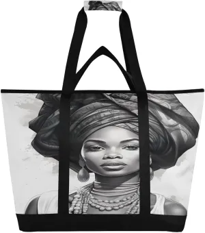 African Woman Beauty Tote Bag for Women with Zipper Reusable Grocery Bags Foldable Insulated Cooler Bag Shopping Bags Totes Handbags for Groceries Work Picnic Travel Beach