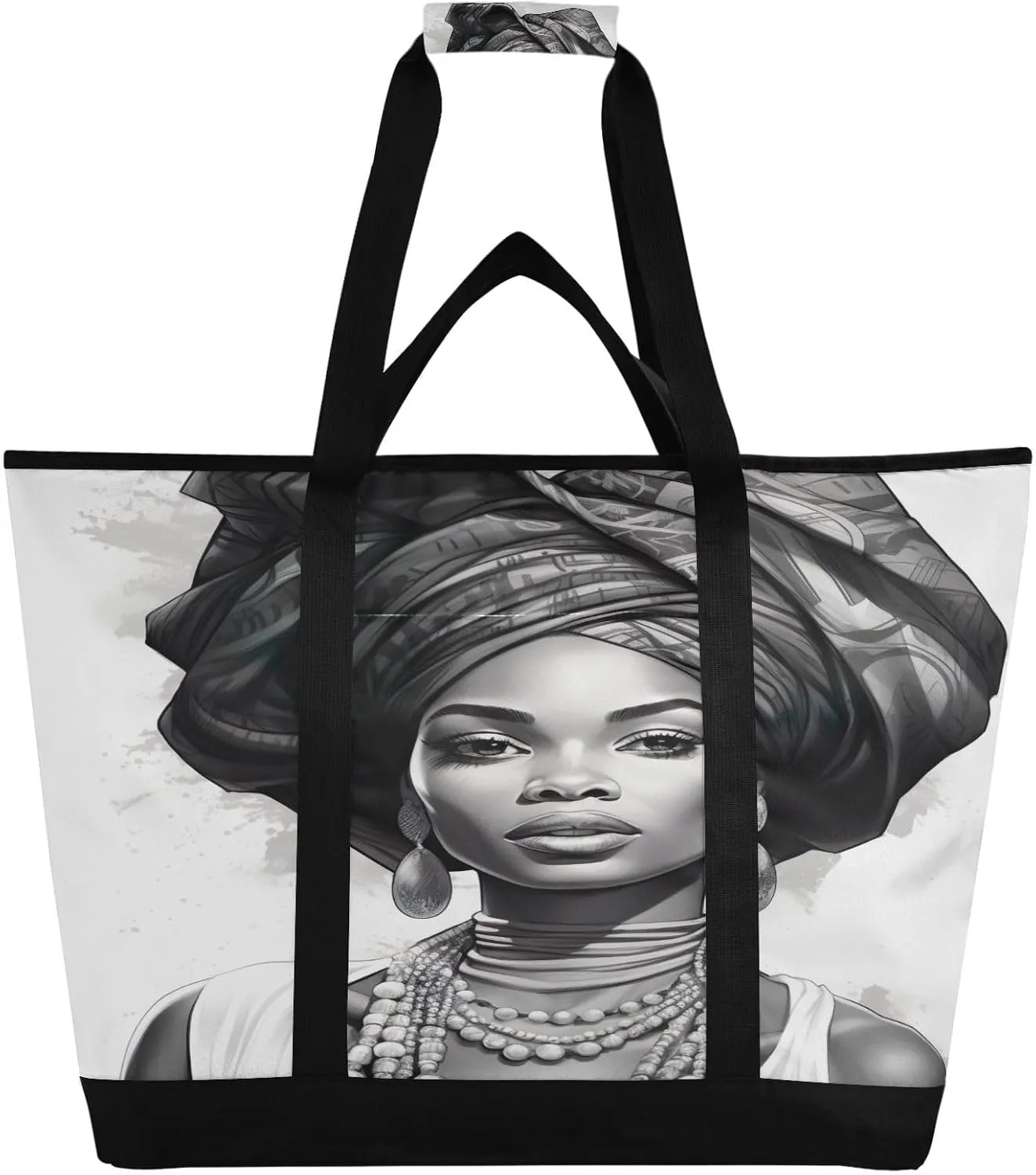 African Woman Beauty Tote Bag for Women with Zipper Reusable Grocery Bags Foldable Insulated Cooler Bag Shopping Bags Totes Handbags for Groceries Work Picnic Travel Beach