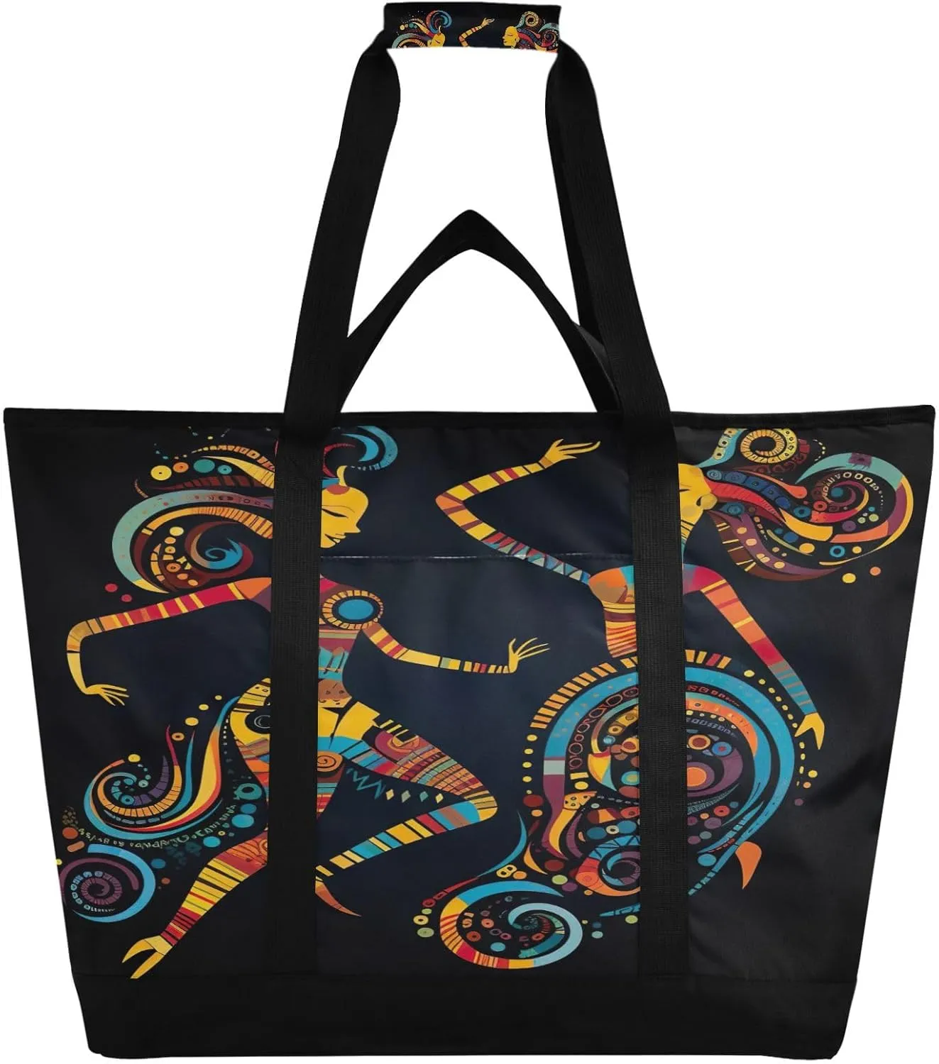 African Woman Black Tote Bag for Women with Zipper Reusable Grocery Bags Foldable Insulated Cooler Bag Totes Shopping Bags Handbags for Groceries Travel Beach Work Picnic