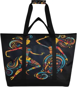 African Woman Black Tote Bag for Women with Zipper Reusable Grocery Bags Foldable Insulated Cooler Bag Totes Shopping Bags Handbags for Groceries Travel Beach Work Picnic