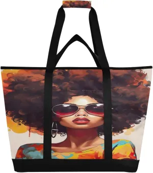 African Woman Cartoon Tote Bag for Women with Zipper Reusable Grocery Bags Foldable Insulated Cooler Bag Shopping Bags Totes Handbags for Groceries Beach Picnic Travel Work