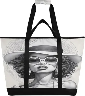 African Woman Cartoon Tote Bag for Women with Zipper Reusable Grocery Bags Foldable Insulated Cooler Bag Shopping Bags Totes Handbags for Groceries Work Picnic Travel Beach