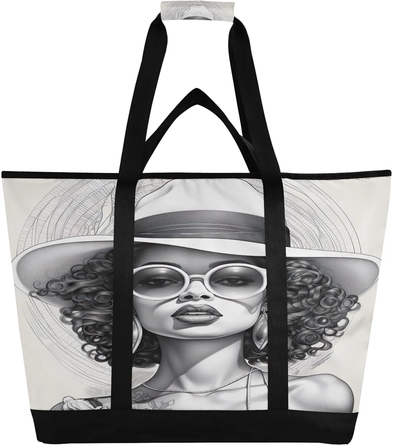 African Woman Cartoon Tote Bag for Women with Zipper Reusable Grocery Bags Foldable Insulated Cooler Bag Shopping Bags Totes Handbags for Groceries Work Picnic Travel Beach