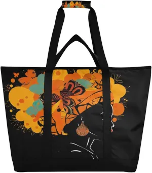 African Woman Colorful Tote Bag for Women with Zipper Reusable Grocery Bags Foldable Insulated Cooler Bag Totes Shopping Bags Handbags for Groceries Travel Beach Picnic Work