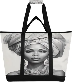 African Woman Fashion Tote Bag for Women with Zipper Reusable Grocery Bags Foldable Insulated Cooler Bag Handbags Totes Shopping Bags for Groceries Picnic Travel Work Beach