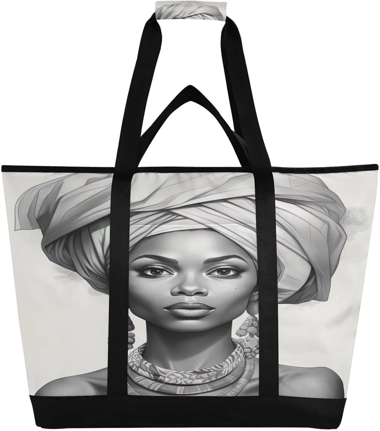African Woman Fashion Tote Bag for Women with Zipper Reusable Grocery Bags Foldable Insulated Cooler Bag Handbags Totes Shopping Bags for Groceries Picnic Travel Work Beach