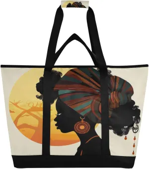 African Woman Fashion Tote Bag for Women with Zipper Reusable Grocery Bags Foldable Insulated Cooler Bag Totes Shopping Bags Handbags for Groceries Beach Travel Work Picnic