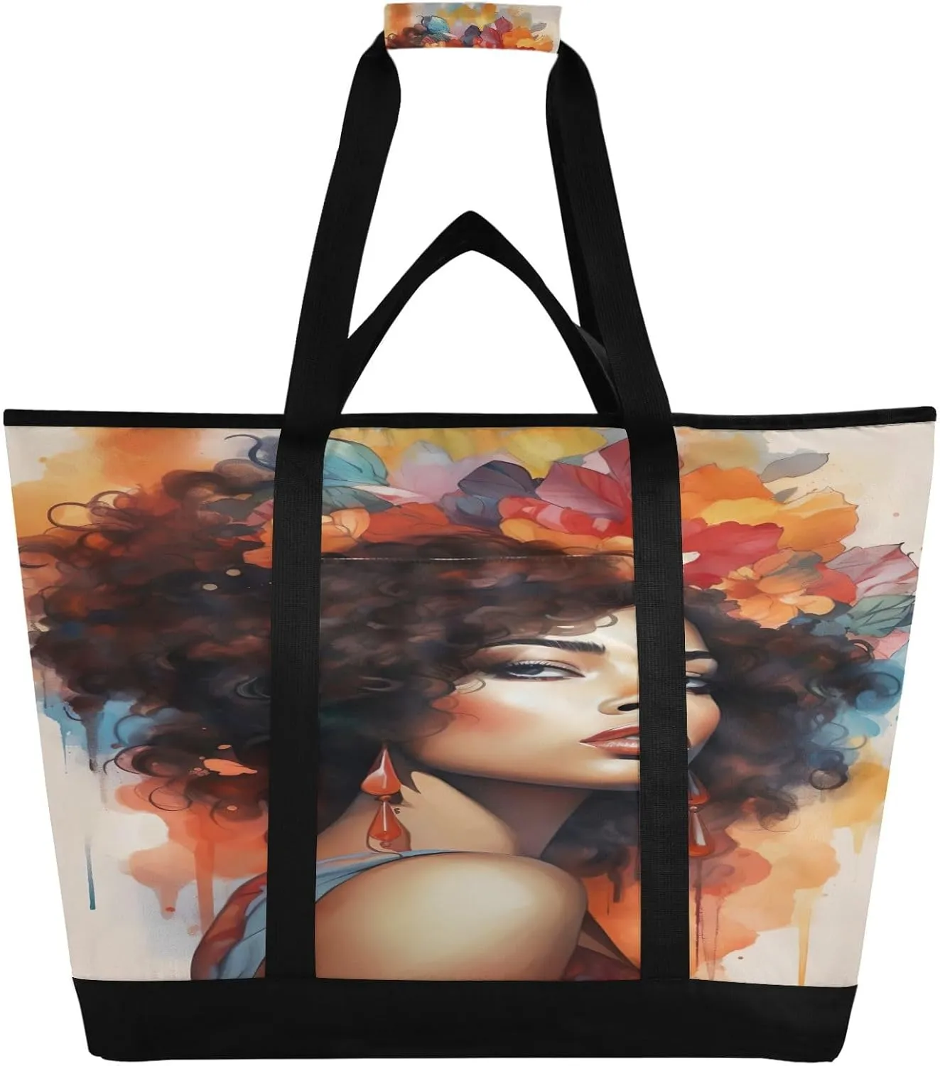African Woman Modern Tote Bag for Women with Zipper Reusable Grocery Bags Foldable Insulated Cooler Bag Shopping Bags Totes Handbags for Groceries Beach Travel Work Picnic