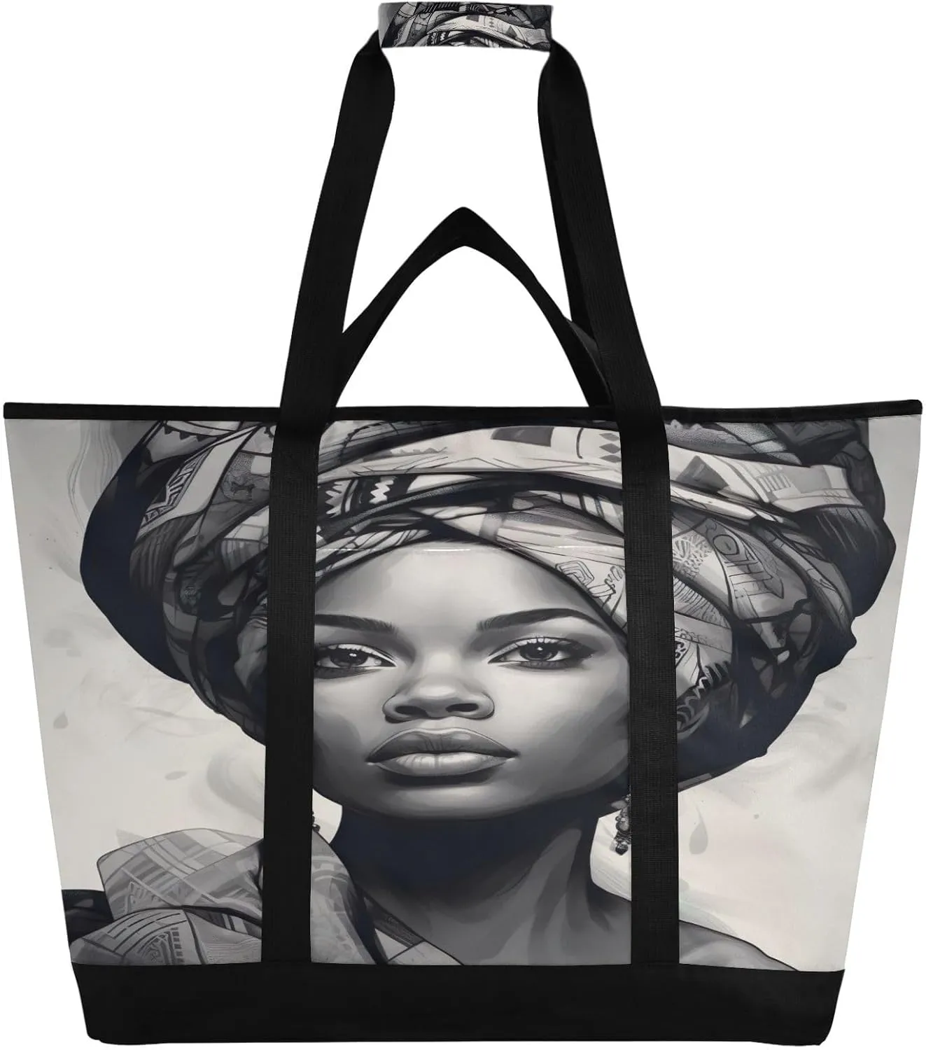 African Woman Modern Tote Bag for Women with Zipper Reusable Grocery Bags Foldable Insulated Cooler Bag Shopping Bags Totes Handbags for Groceries Picnic Travel Beach Work