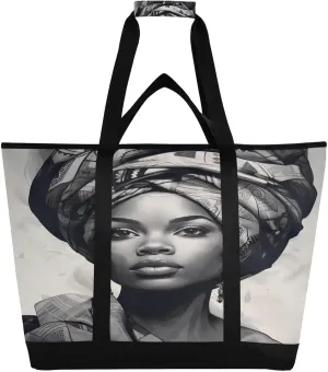 African Woman Modern Tote Bag for Women with Zipper Reusable Grocery Bags Foldable Insulated Cooler Bag Shopping Bags Totes Handbags for Groceries Picnic Travel Beach Work