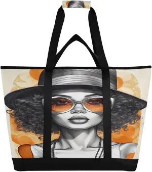 African Woman Modern Tote Bag for Women with Zipper Reusable Grocery Bags Foldable Insulated Cooler Bag Totes Shopping Bags Handbags for Groceries Beach Travel Picnic Work