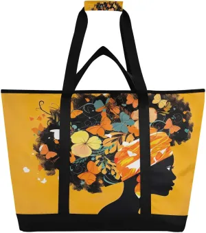 African Woman Orange Tote Bag for Women with Zipper Reusable Grocery Bags Foldable Insulated Cooler Bag Shopping Bags Totes Handbags for Groceries Beach Travel Picnic Work