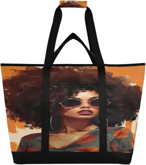 African Woman Watercolor Tote Bag for Women with Zipper Reusable Grocery Bags Foldable Insulated Cooler Bag Shopping Bags Handbags Totes for Groceries Picnic Travel Work Beach