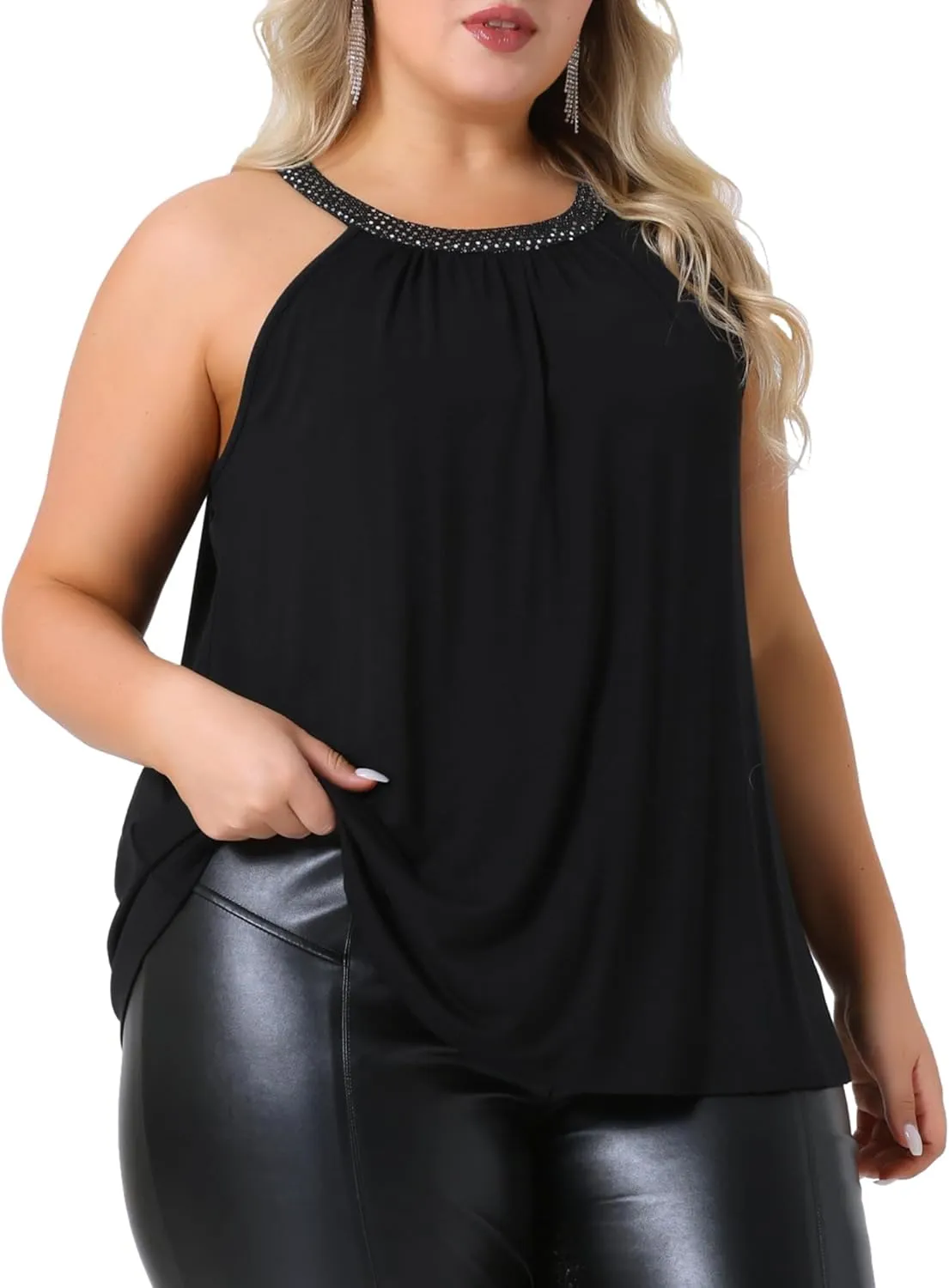 Agnes Orinda Plus Size Camisole for Women Sparkling High Neck Sleeveless Summer Flowy Cami Shirts Blouse