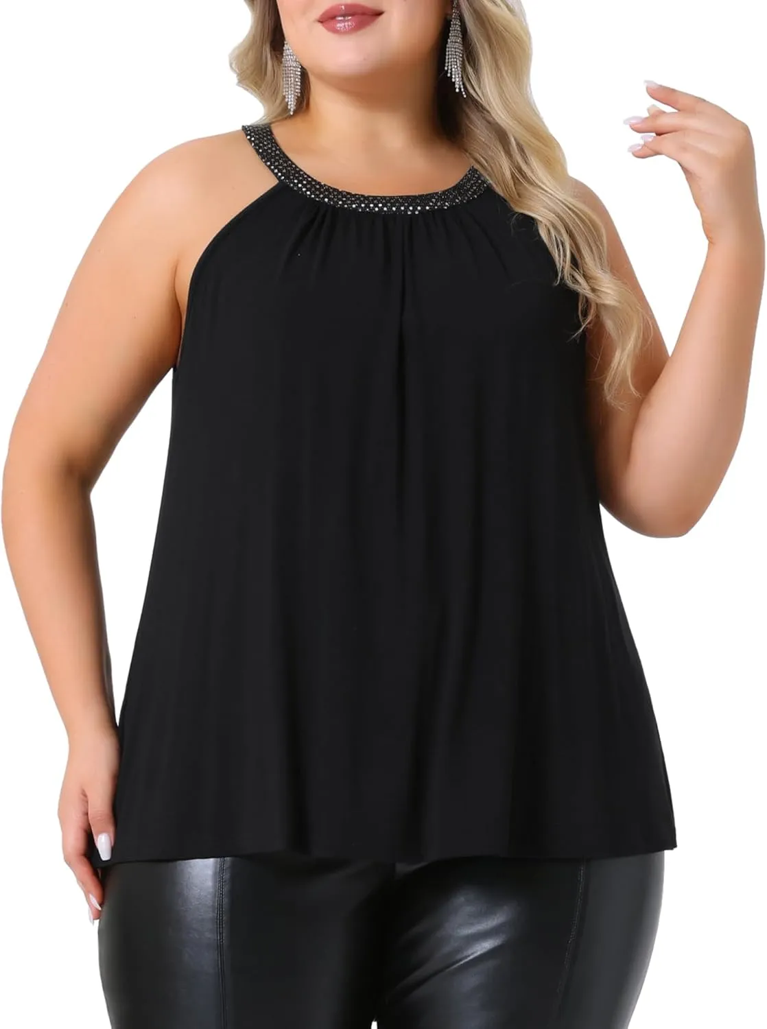 Agnes Orinda Plus Size Camisole for Women Sparkling High Neck Sleeveless Summer Flowy Cami Shirts Blouse