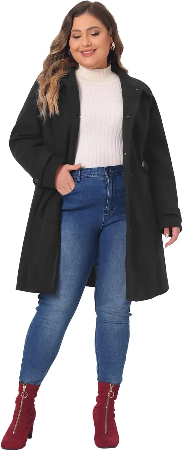 Agnes Orinda Plus Size Coats for Women Peter Pan Collar Cuff Single Breasted Trench Jacket Winter Long Coat