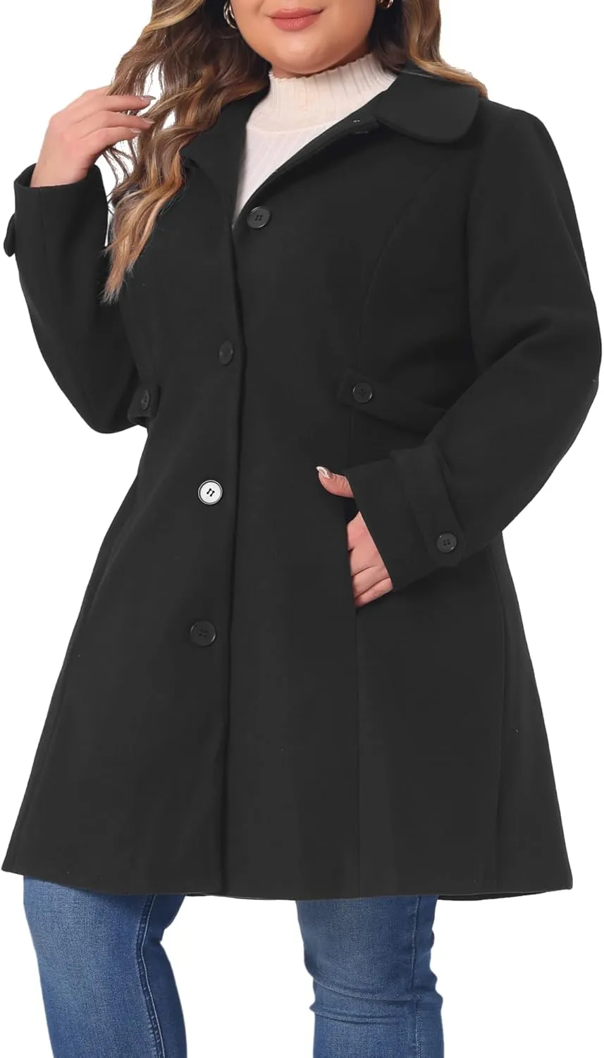 Agnes Orinda Plus Size Coats for Women Peter Pan Collar Cuff Single Breasted Trench Jacket Winter Long Coat