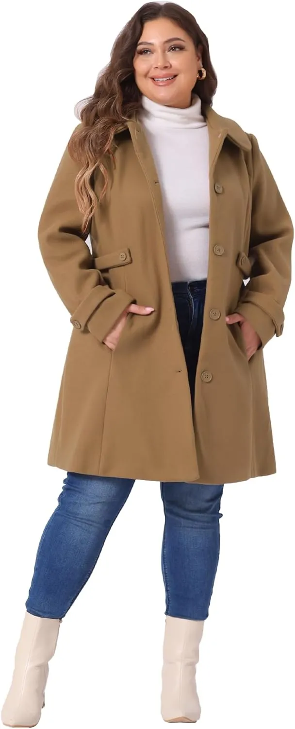 Agnes Orinda Plus Size Coats for Women Peter Pan Collar Cuff Single Breasted Trench Jacket Winter Long Coat