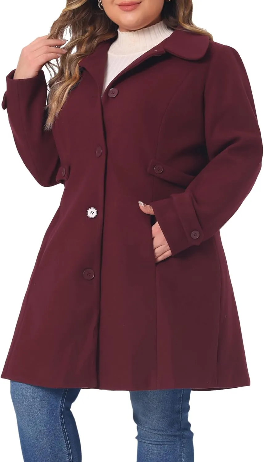 Agnes Orinda Plus Size Coats for Women Peter Pan Collar Cuff Single Breasted Trench Jacket Winter Long Coat