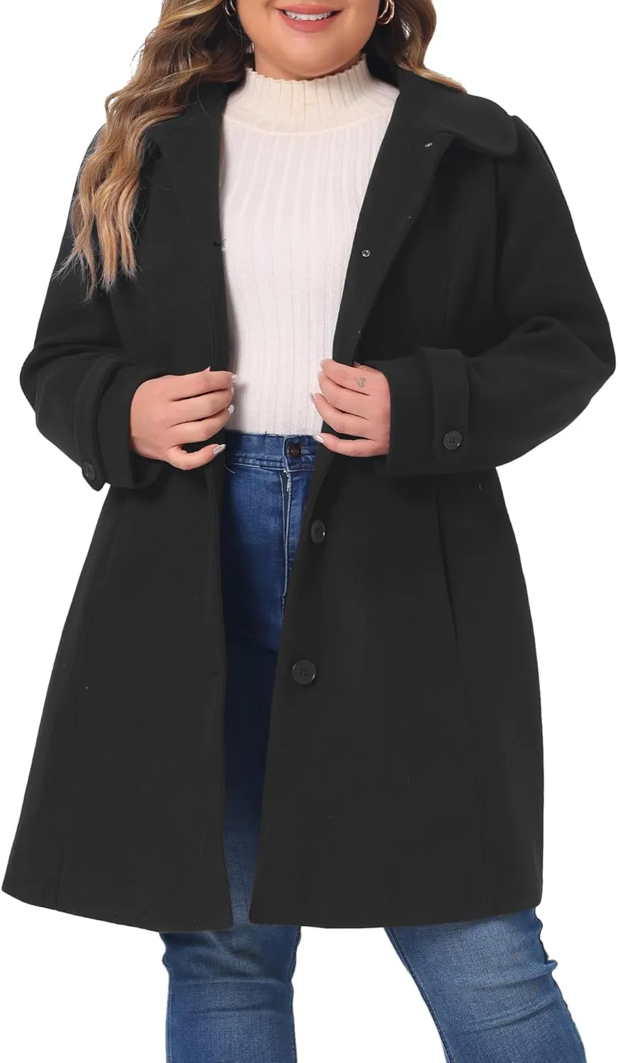 Agnes Orinda Plus Size Coats for Women Peter Pan Collar Cuff Single Breasted Trench Jacket Winter Long Coat