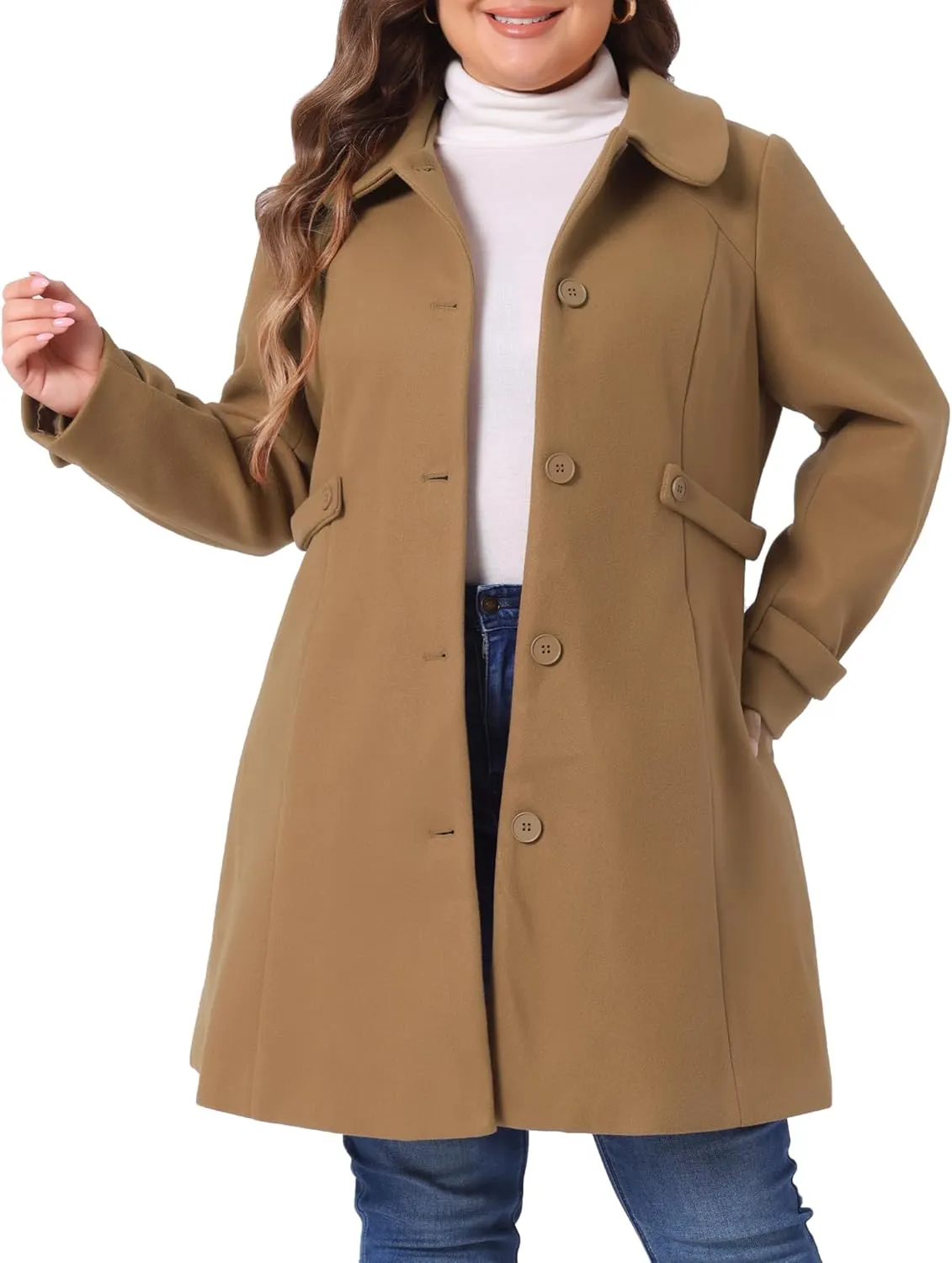 Agnes Orinda Plus Size Coats for Women Peter Pan Collar Cuff Single Breasted Trench Jacket Winter Long Coat