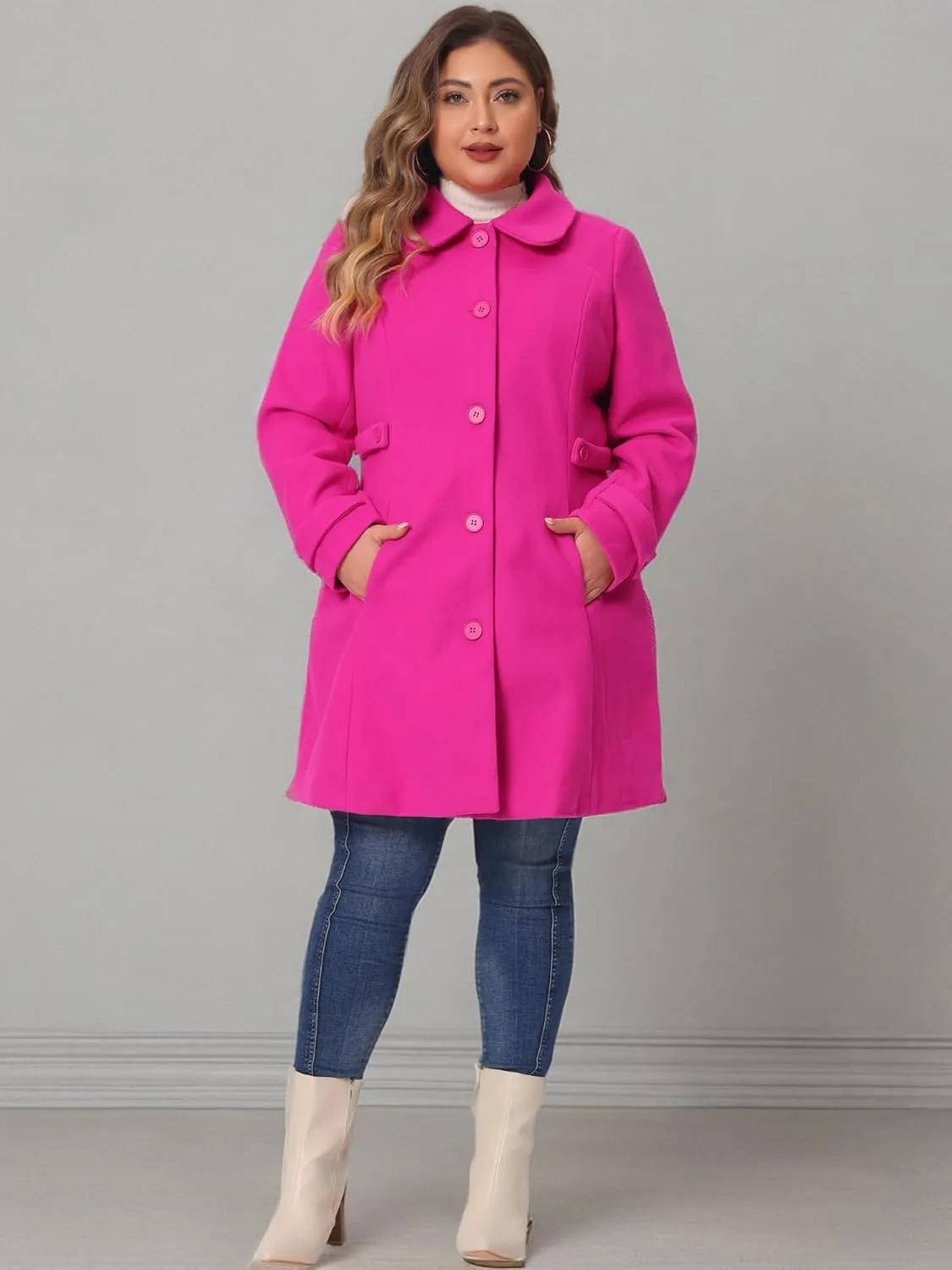 Agnes Orinda Plus Size Coats for Women Peter Pan Collar Cuff Single Breasted Trench Jacket Winter Long Coat