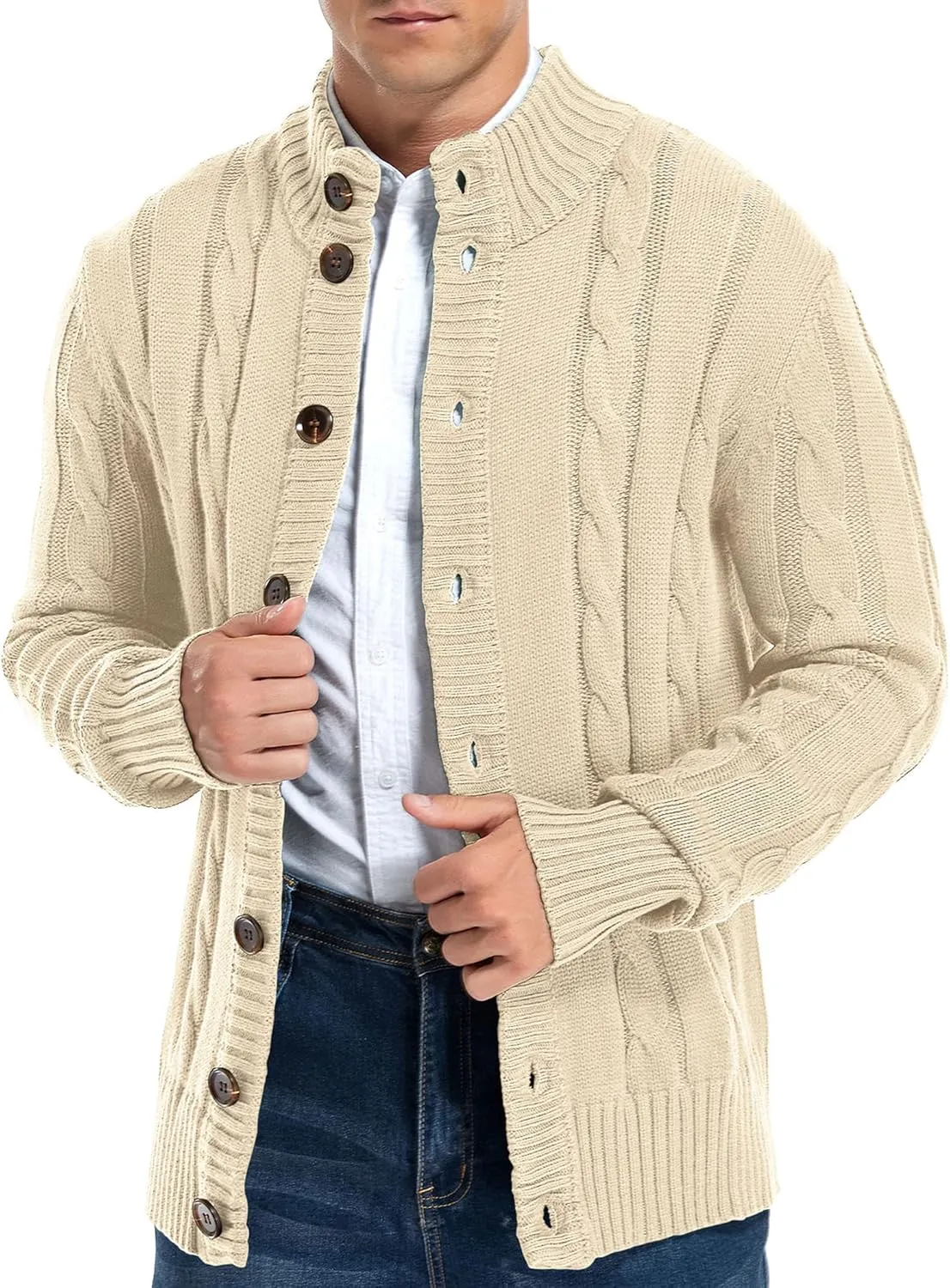 Aimeilgot Mens Fashion Casual Slim Fit Button Down Cable Knitted Stand Collar Cardigan Sweater