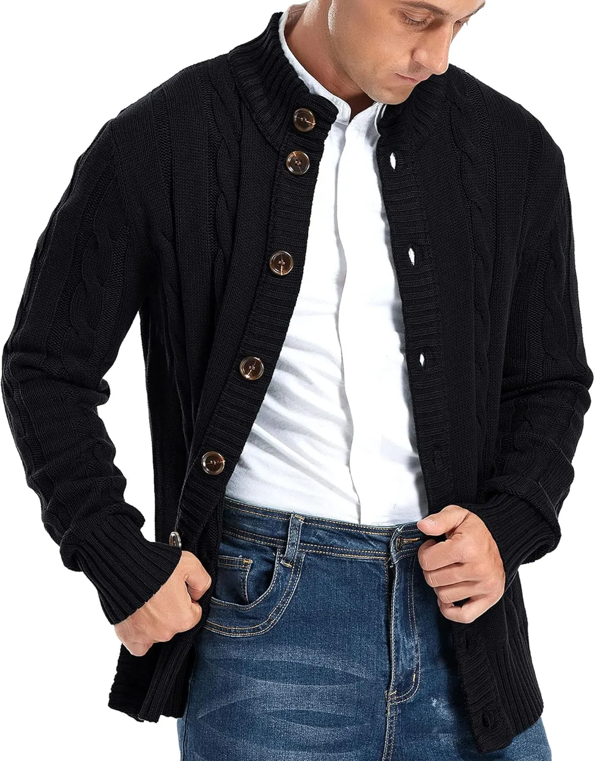 Aimeilgot Mens Fashion Casual Slim Fit Button Down Cable Knitted Stand Collar Cardigan Sweater